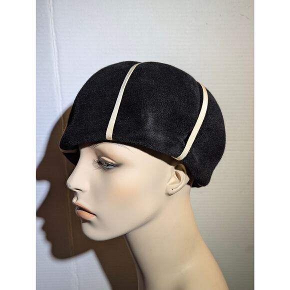 Vintage 50s Merrimac Deluxe Velour Fur Felt Beret Pillbox Hat Black Mod main image 6